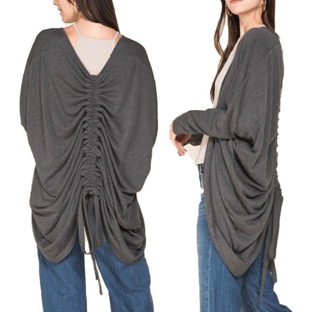 Gray Long Gathered Back Open Circle Hem Cardigan - Picture 7 of 8